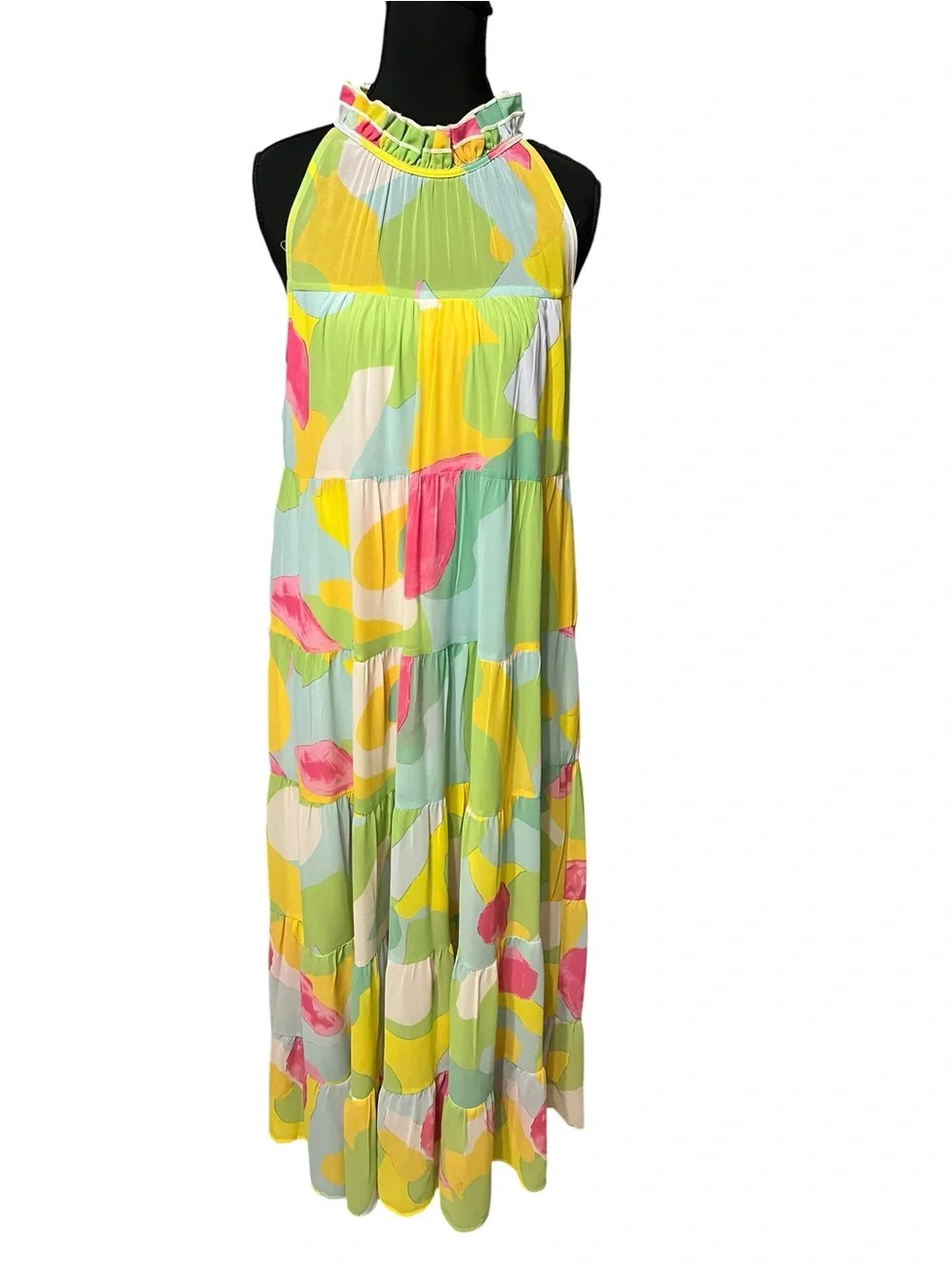 entro Sleeveless Tiered Watercolor Maxi Dress - Lime Green, Yellow & Pink Size S - Picture 2 of 6